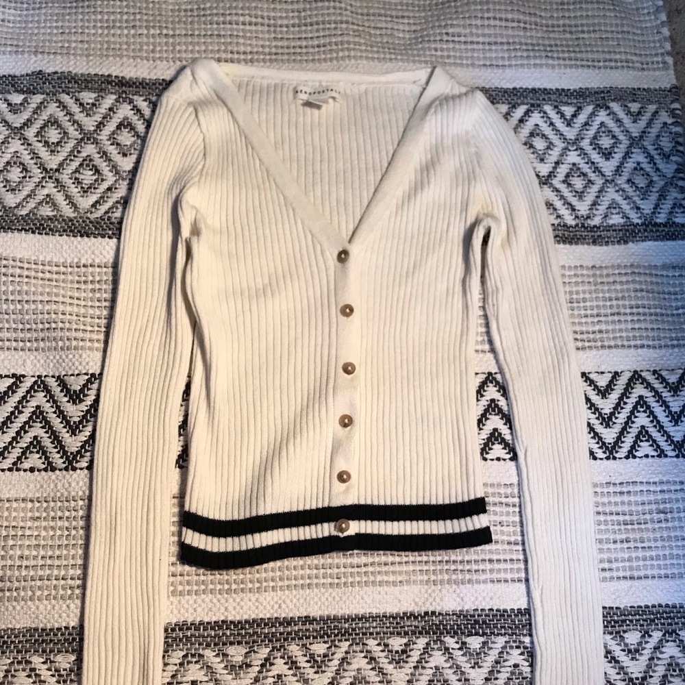 Aeropostale Creamy Colored Ribbed Cardigan Sweater with Black Stripes